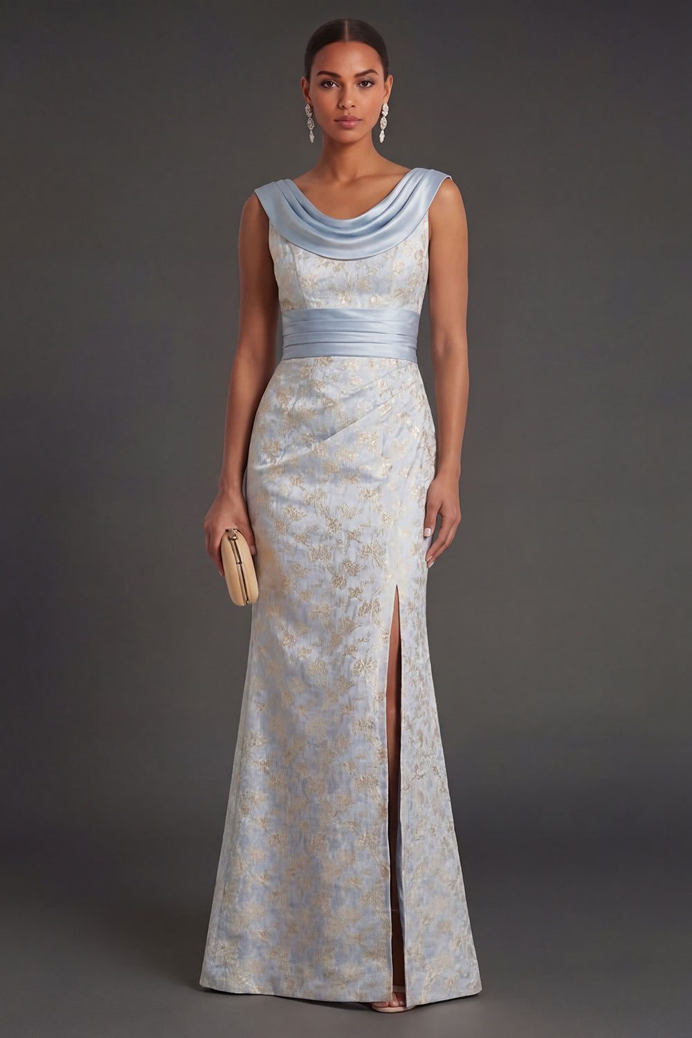 Leely Women Light Blue Floral Sheath Long Formal Dress with Slit Cowl Neck Ruched Sleeveless Evening Dress