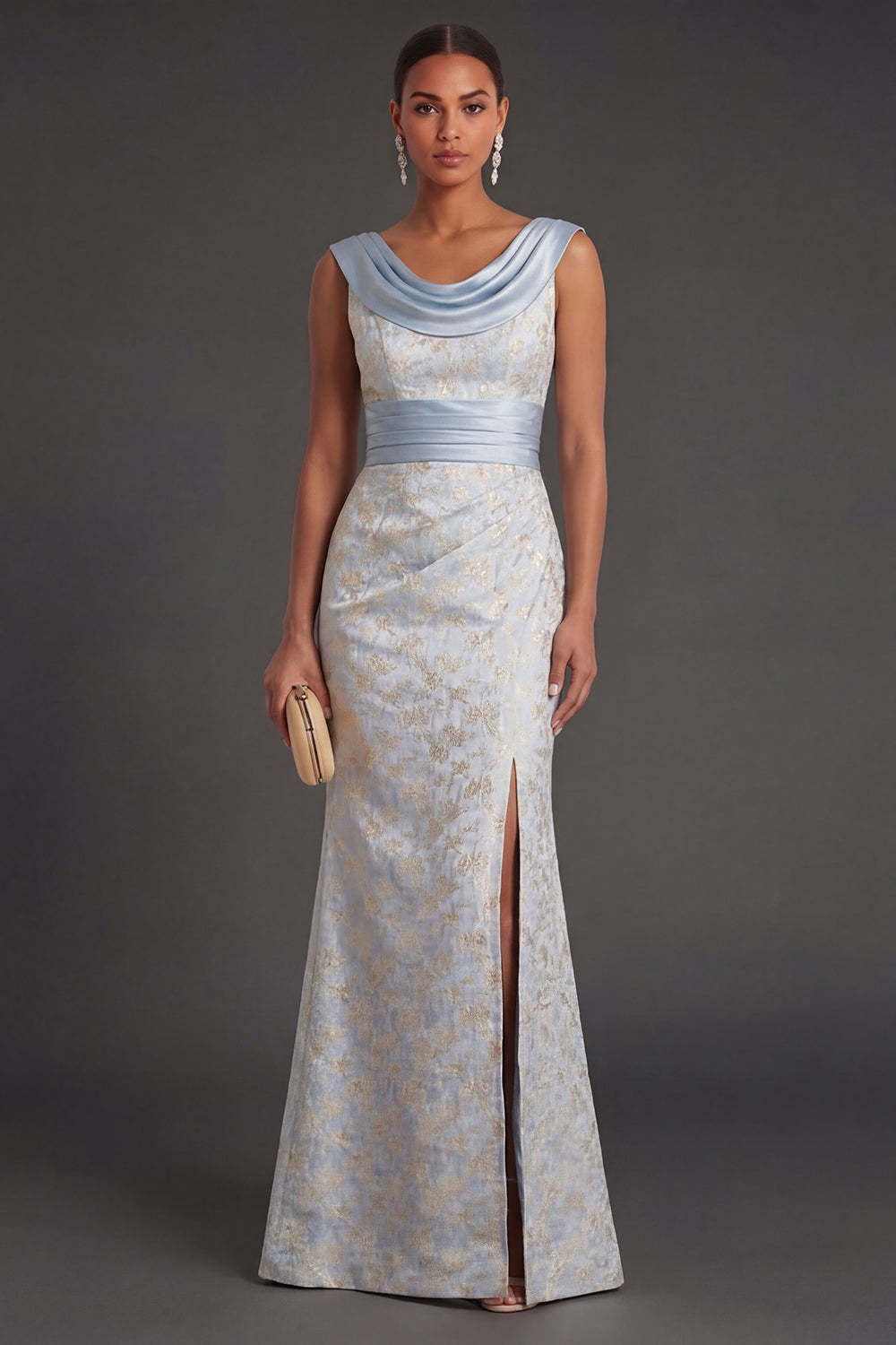 Leely Women Light Blue Floral Sheath Long Formal Dress with Slit Cowl Neck Ruched Sleeveless Evening Dress