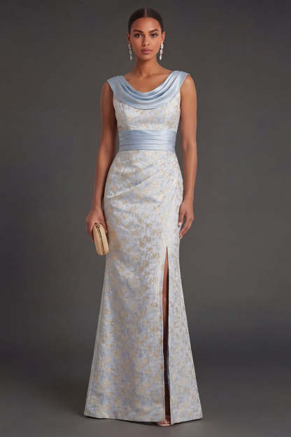 Leely Women Light Blue Floral Sheath Long Formal Dress with Slit Cowl Neck Ruched Sleeveless Evening Dress