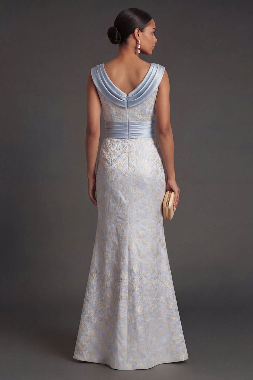 Light Blue Floral Sheath Cowl Neck Ruched Long Formal Dress with Slit
