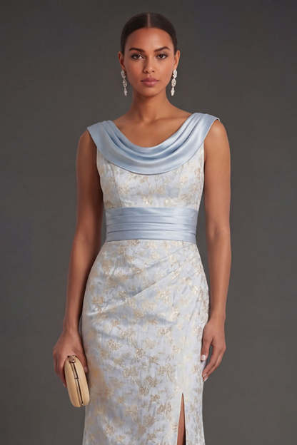 Light Blue Floral Sheath Cowl Neck Ruched Long Formal Dress with Slit