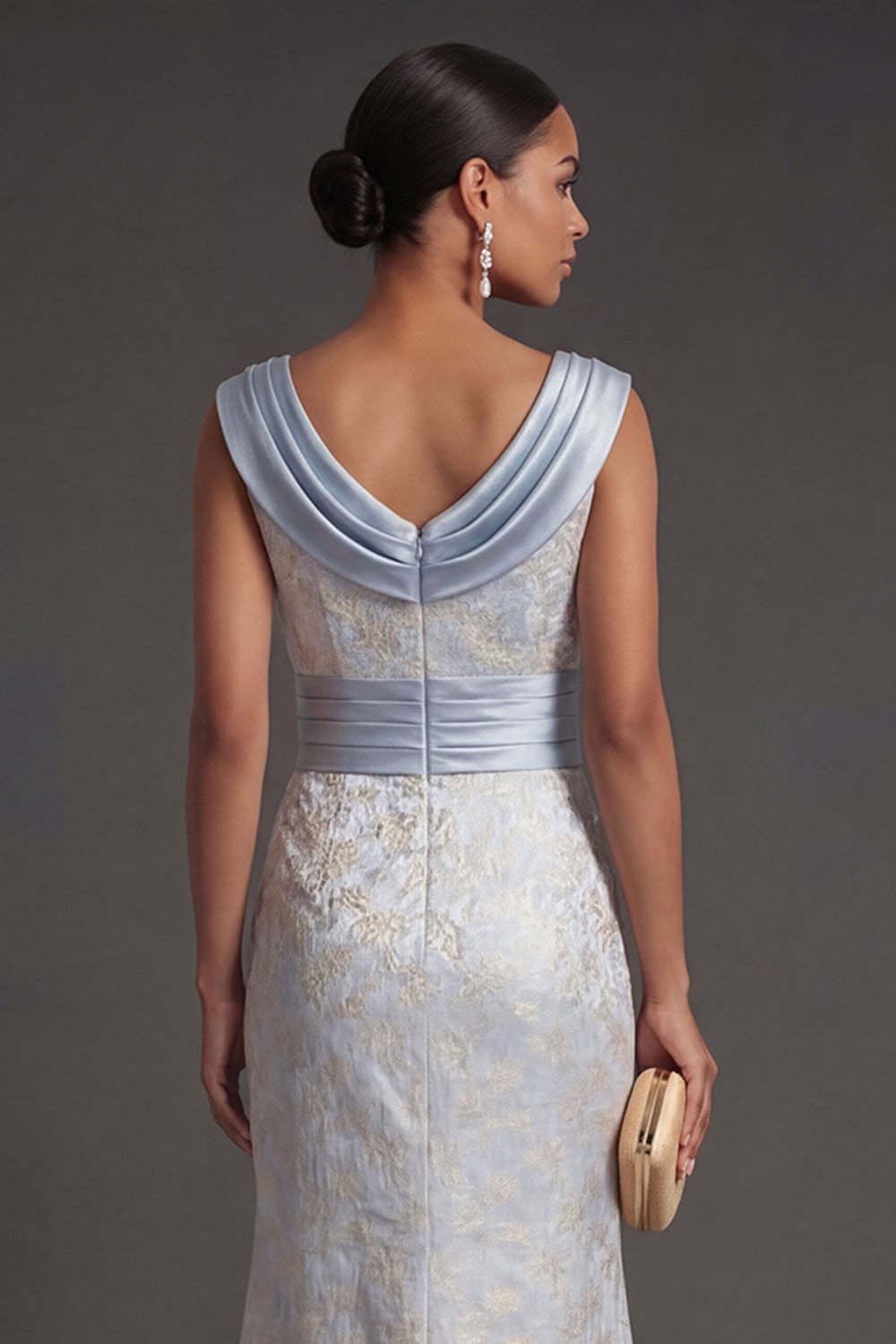 Light Blue Floral Sheath Cowl Neck Ruched Long Formal Dress with Slit