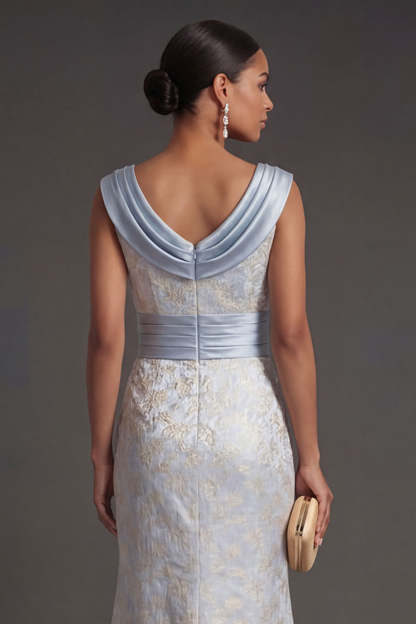 Light Blue Floral Sheath Cowl Neck Ruched Long Formal Dress with Slit