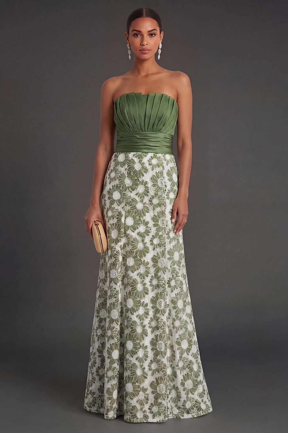 Green Floral A Line Strapless Ruched Long Formal Dress