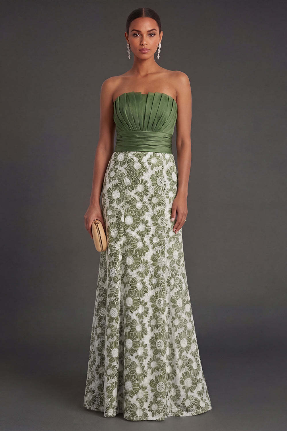 Leely Women Green Floral A Line Ruched Long Formal Dress Strapless Backless Sleeveless Wedding Guest Dress