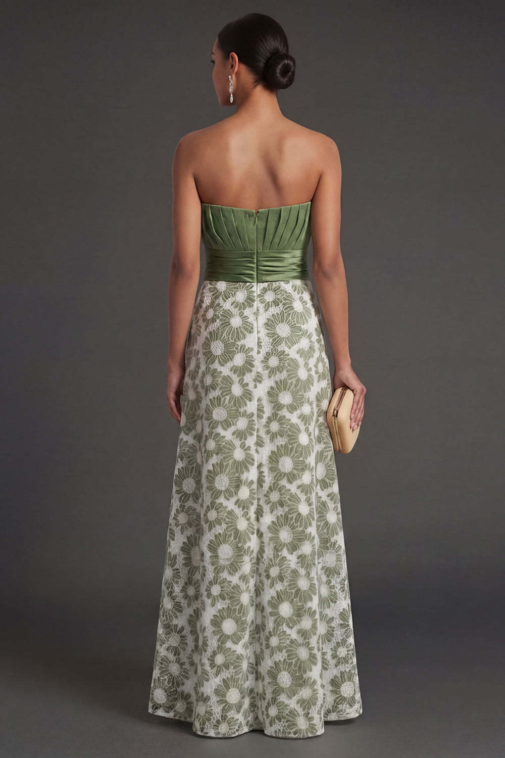 Green Floral A Line Strapless Ruched Long Formal Dress
