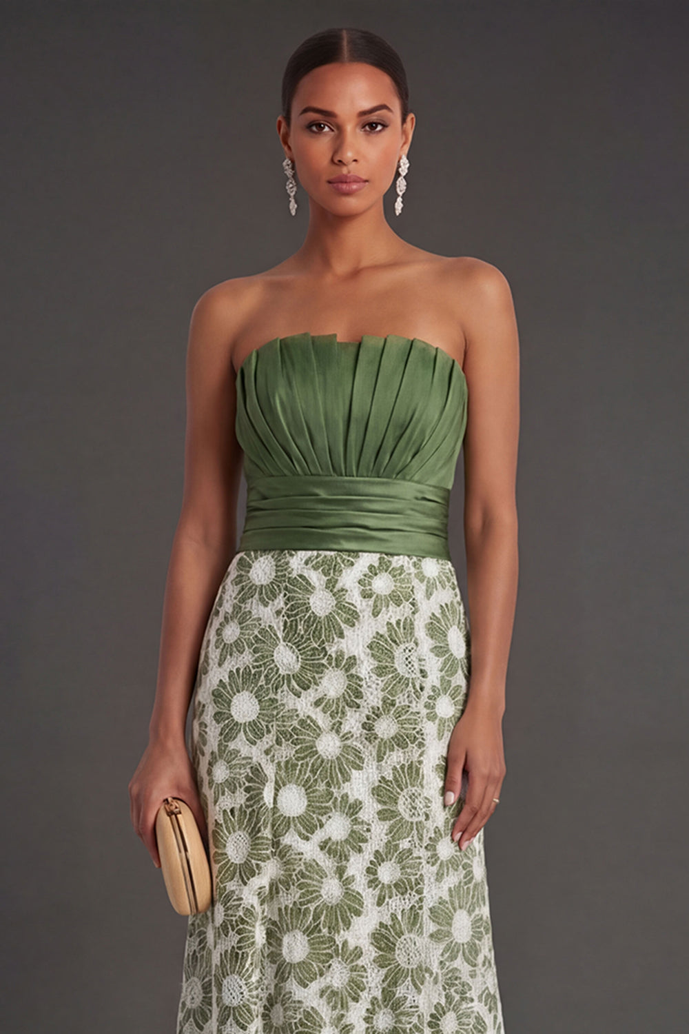 Green Floral A Line Strapless Ruched Long Formal Dress