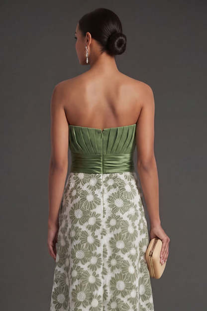 Green Floral A Line Strapless Ruched Long Formal Dress