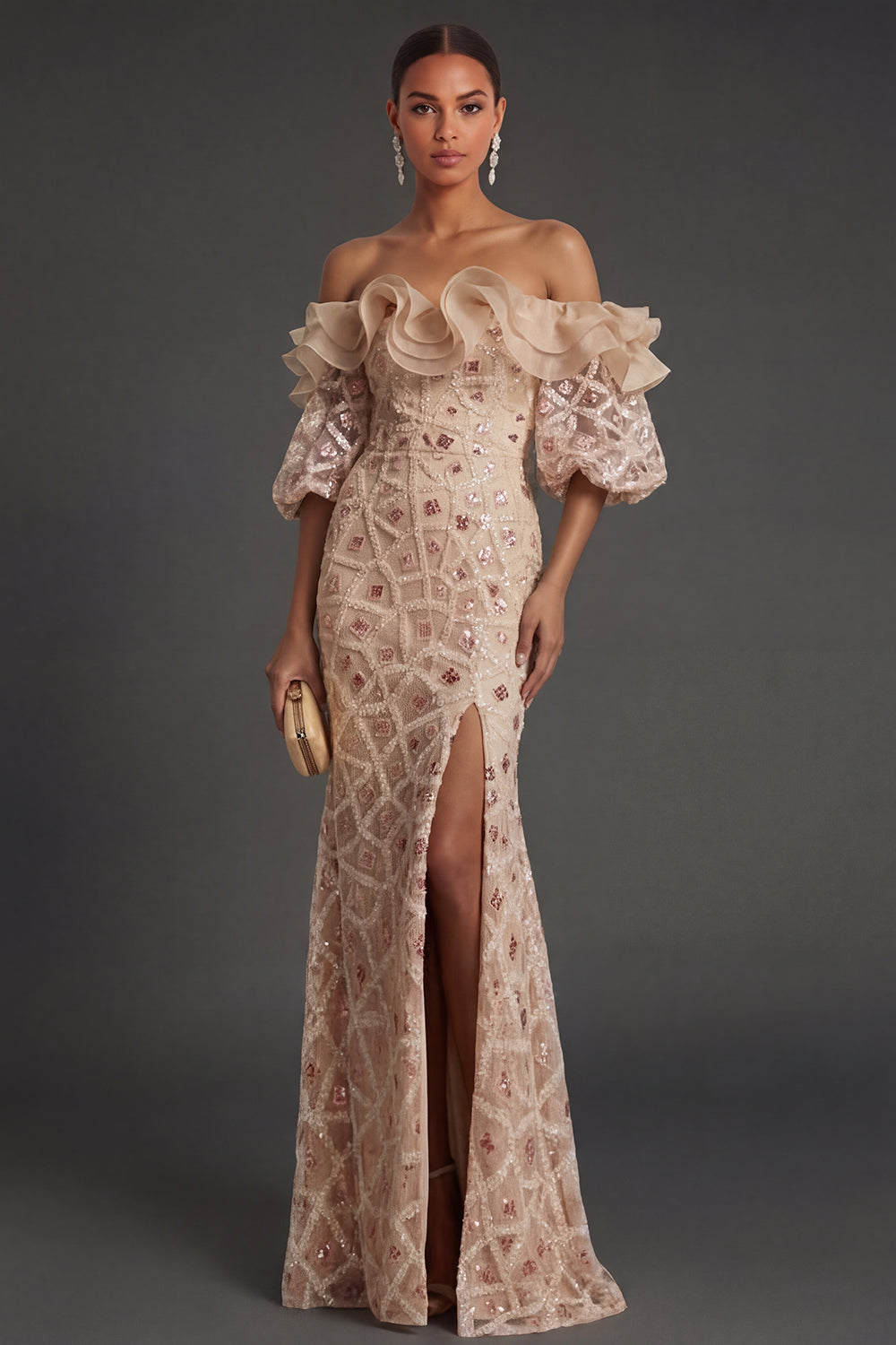 Leely Women Sparkly Champagne Ruffled Sheath Long Formal Dress with Slit Off the Shoulder Gala Dress