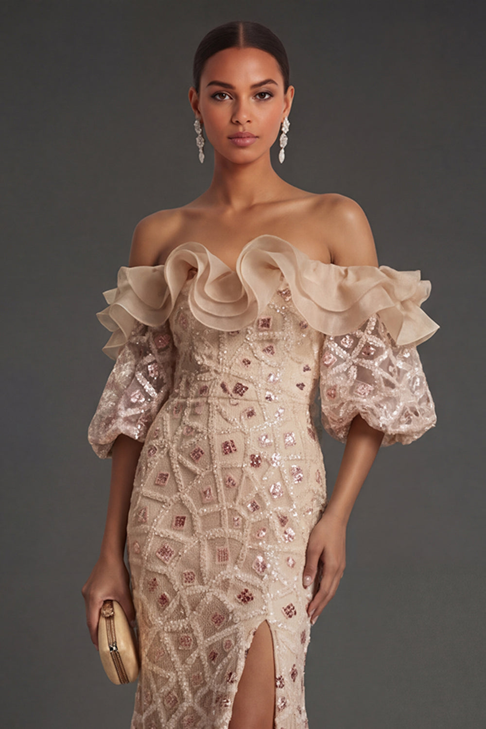 Sparkly Champagne Off the Shoulder Ruffled Sheath Long Formal Dress with Slit