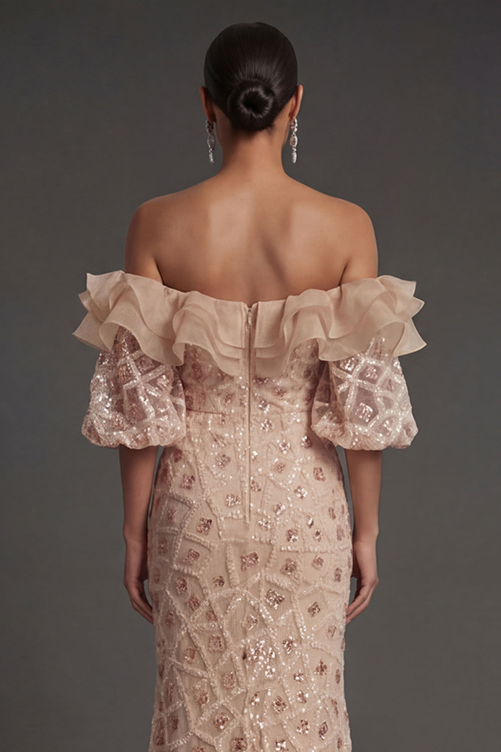 Sparkly Champagne Off the Shoulder Ruffled Sheath Long Formal Dress with Slit