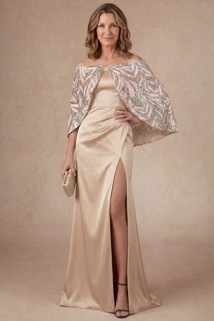Leely Women Satin Champagne Mermaid Long Mother of the Bride Dress with Cape Sparkly Sequined Formal Dress with Slit