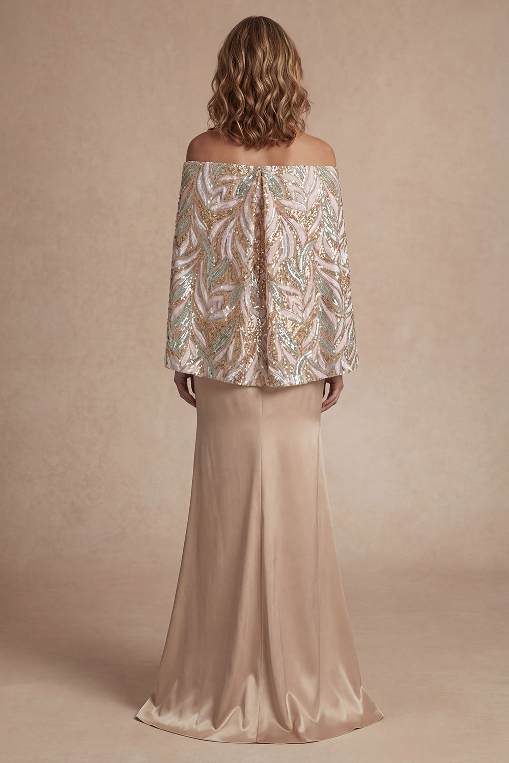 Satin Champagne Mermaid Sparkly Long Mother of the Bride Dress with Cape