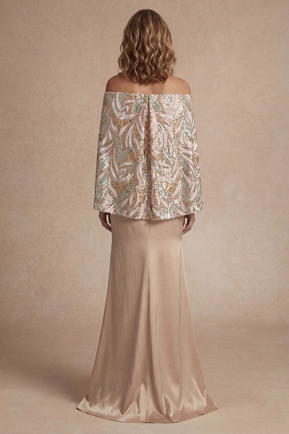 Satin Champagne Mermaid Sparkly Long Mother of the Bride Dress with Cape