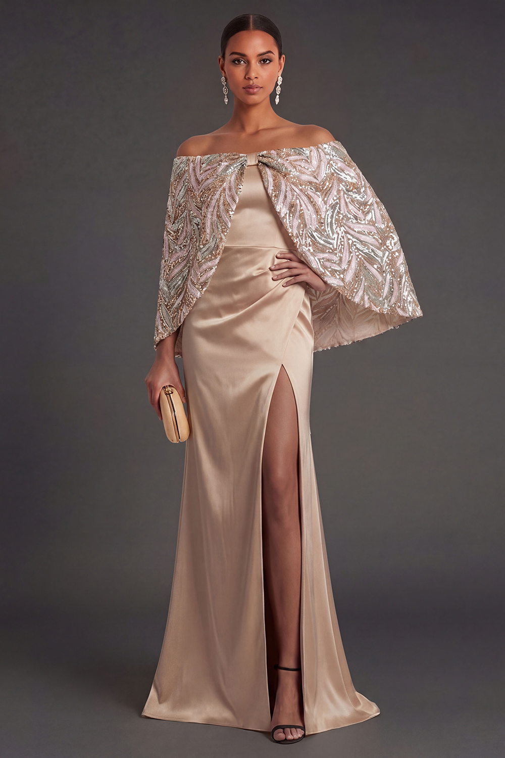 Satin Champagne Mermaid Sparkly Long Formal Dress with Cape