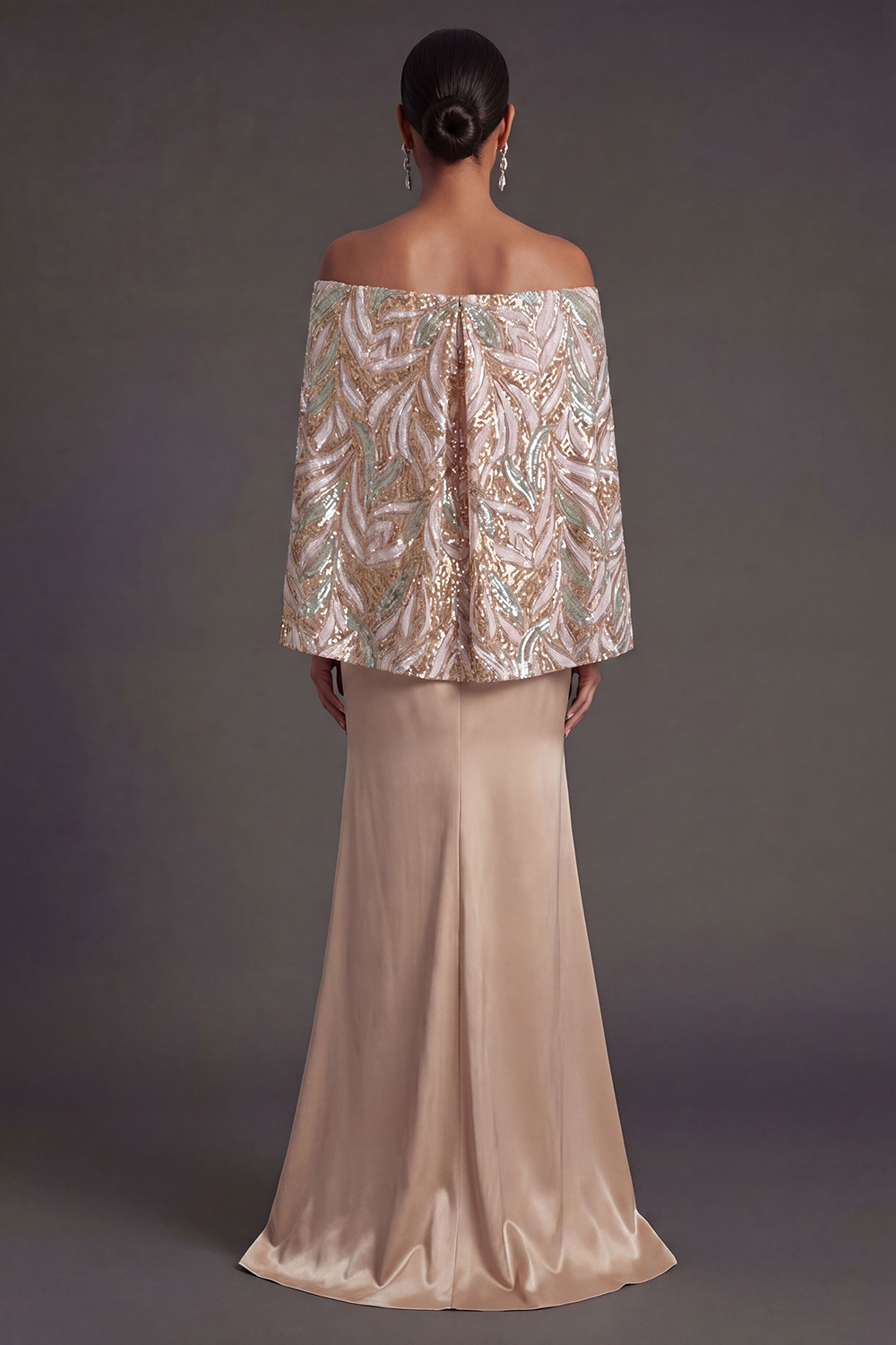 Satin Champagne Mermaid Sparkly Long Formal Dress with Cape
