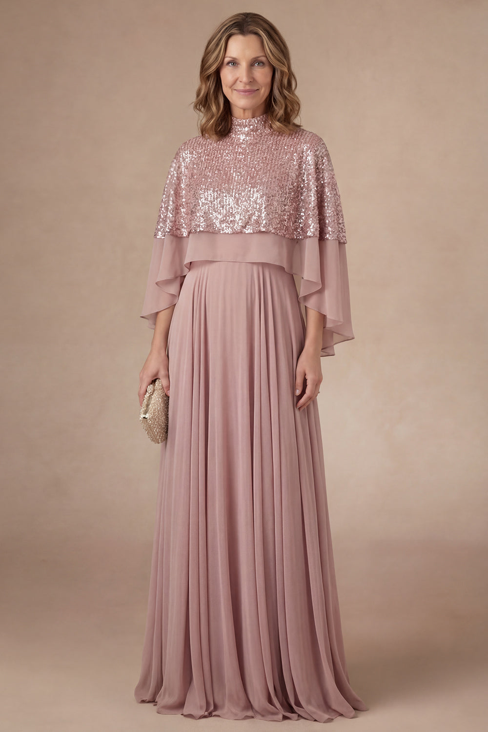 Leely Women Pleated Dusty Rose Long Mother of the Bride Dress with Cape Sparkly A Line Evening Dress