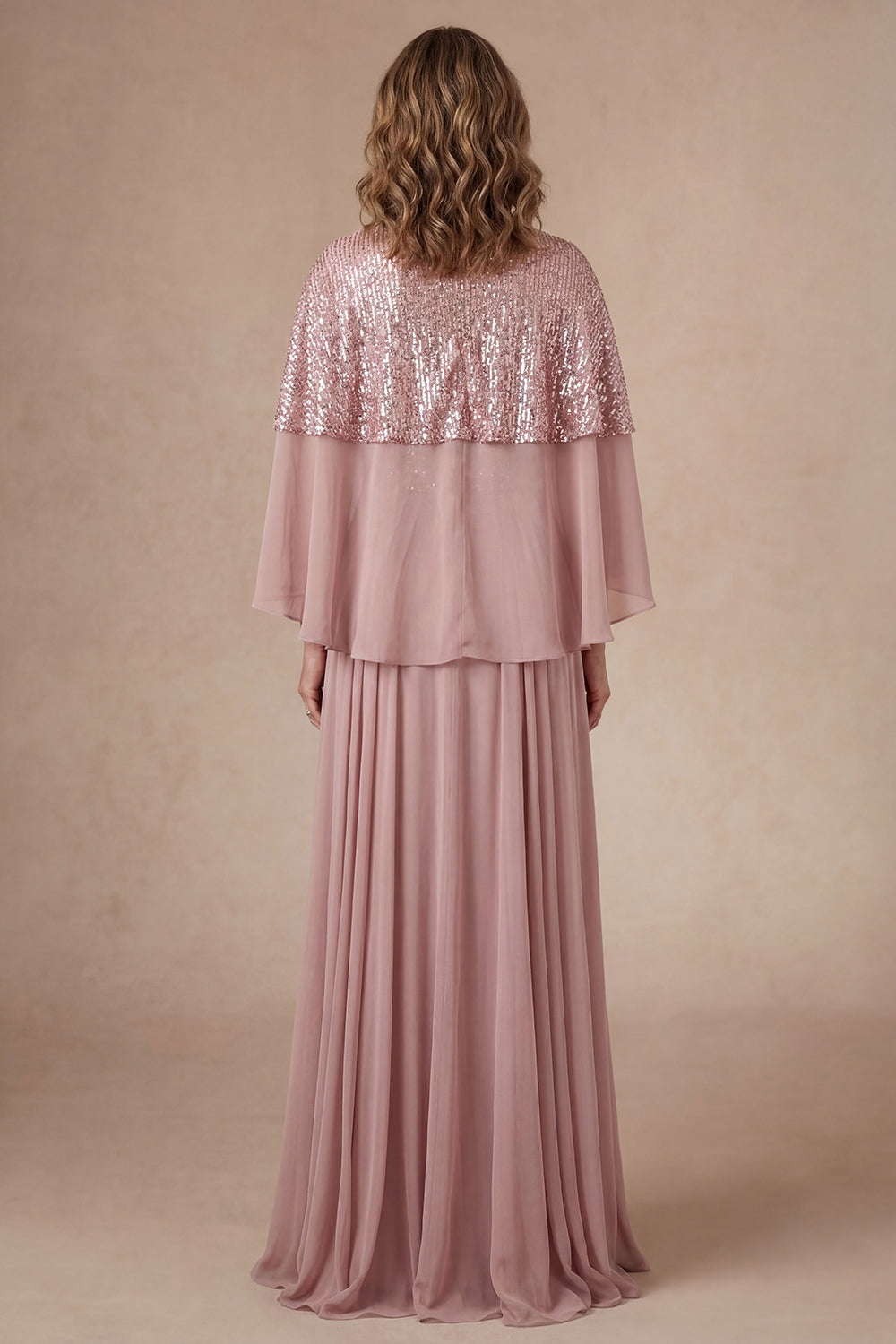 Pleated A Line Dusty Rose Sparkly Long Mother of the Bride Dress with Cape