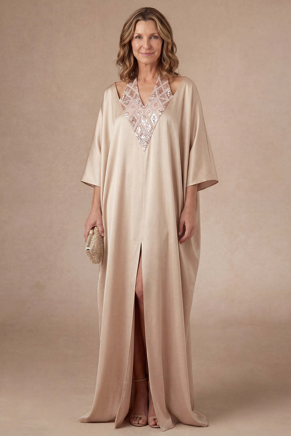 Leely Women A Line Satin Champagne Long Mother of the Bride Dress with Slit Halter Neck Flutter Sleeves Evening Dress
