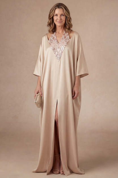 Leely Women A Line Satin Champagne Long Mother of the Bride Dress with Slit Halter Neck Flutter Sleeves Evening Dress
