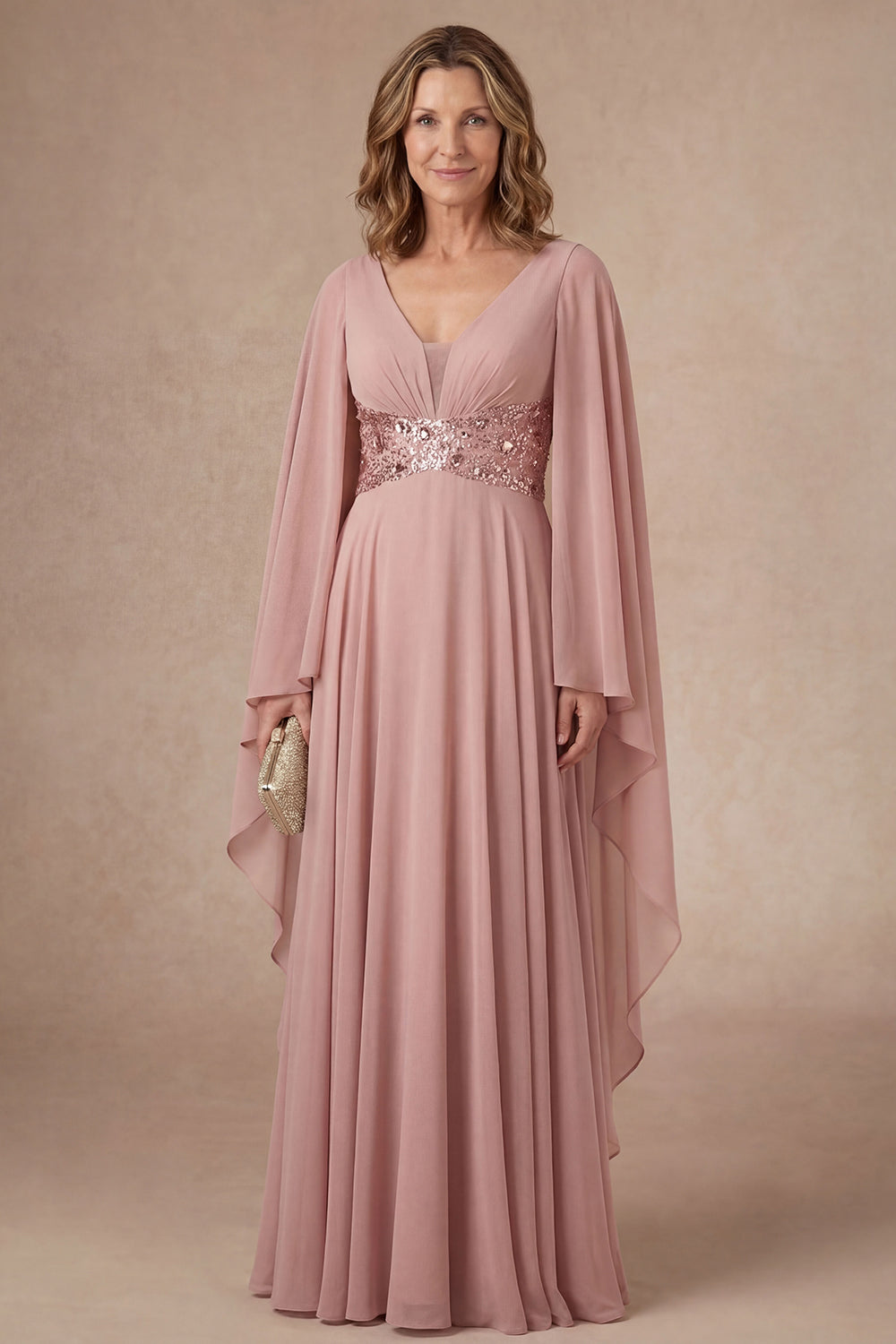 Leely Women Dusty Rose A Line V Neck Long Mother of the Bride Dress Ruffled Sparkly Flutter Sleeves Wedding Guest Dress