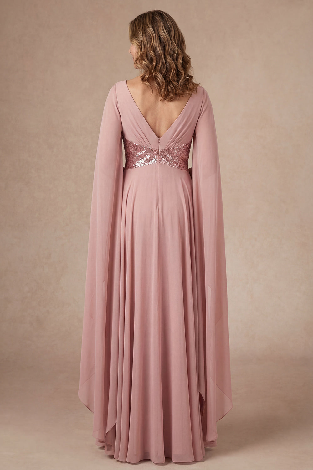 Dusty Rose A Line V Neck Ruffled Sparkly Long Mother of the Bride Dress