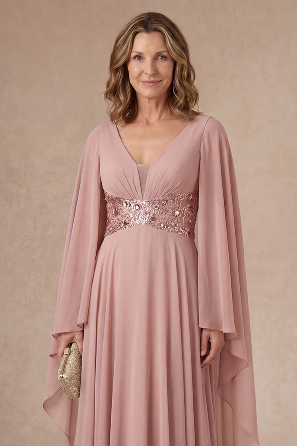 Dusty Rose A Line V Neck Ruffled Sparkly Long Mother of the Bride Dress