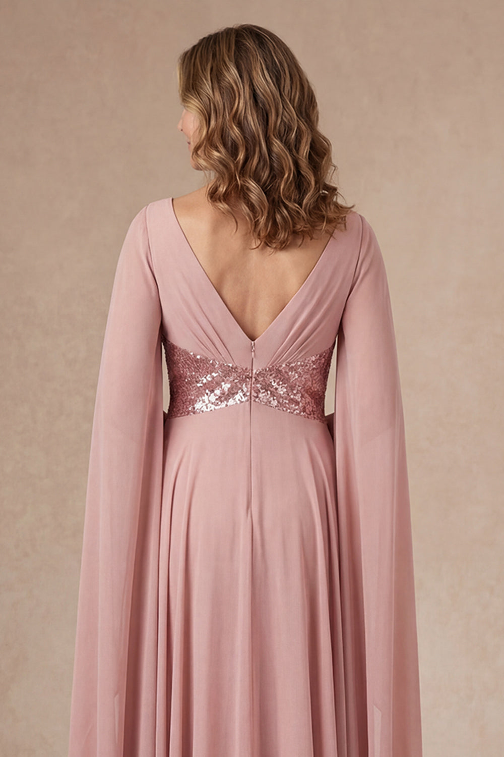 Dusty Rose A Line V Neck Ruffled Sparkly Long Mother of the Bride Dress
