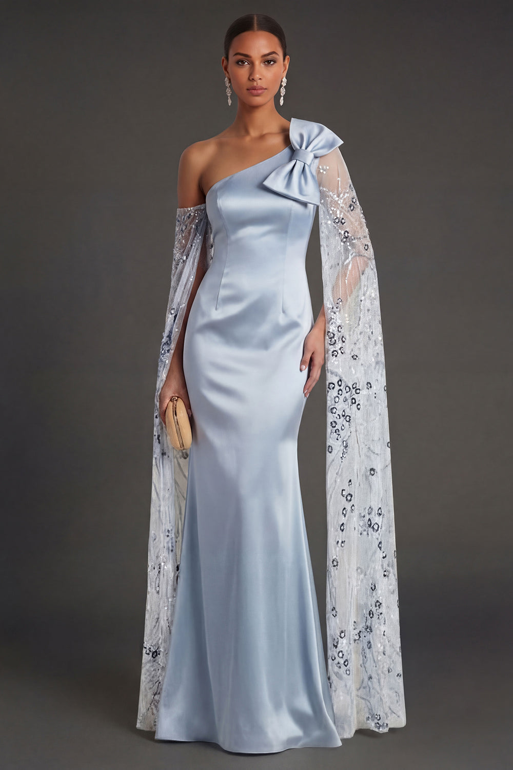 Leely Women Satin Mermaid One Shoulder Long Sky Blue Formal Dress with Bow Backless Sleeveless Evening Dress