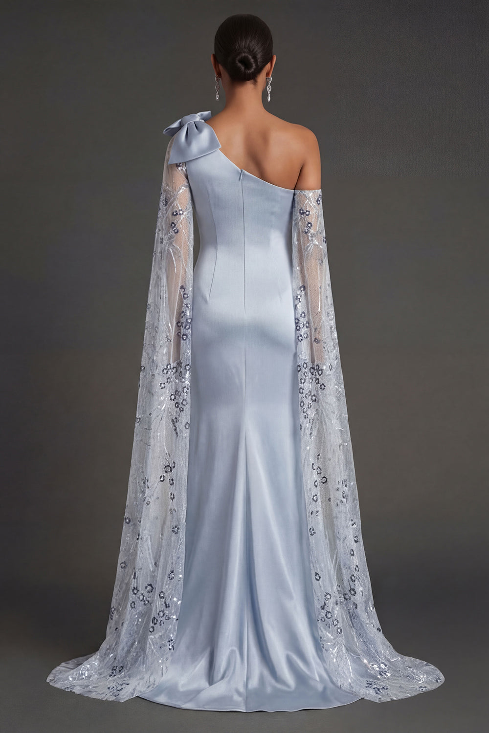 Satin Mermaid One Shoulder Backless Long Sky Blue Formal Dress with Bow