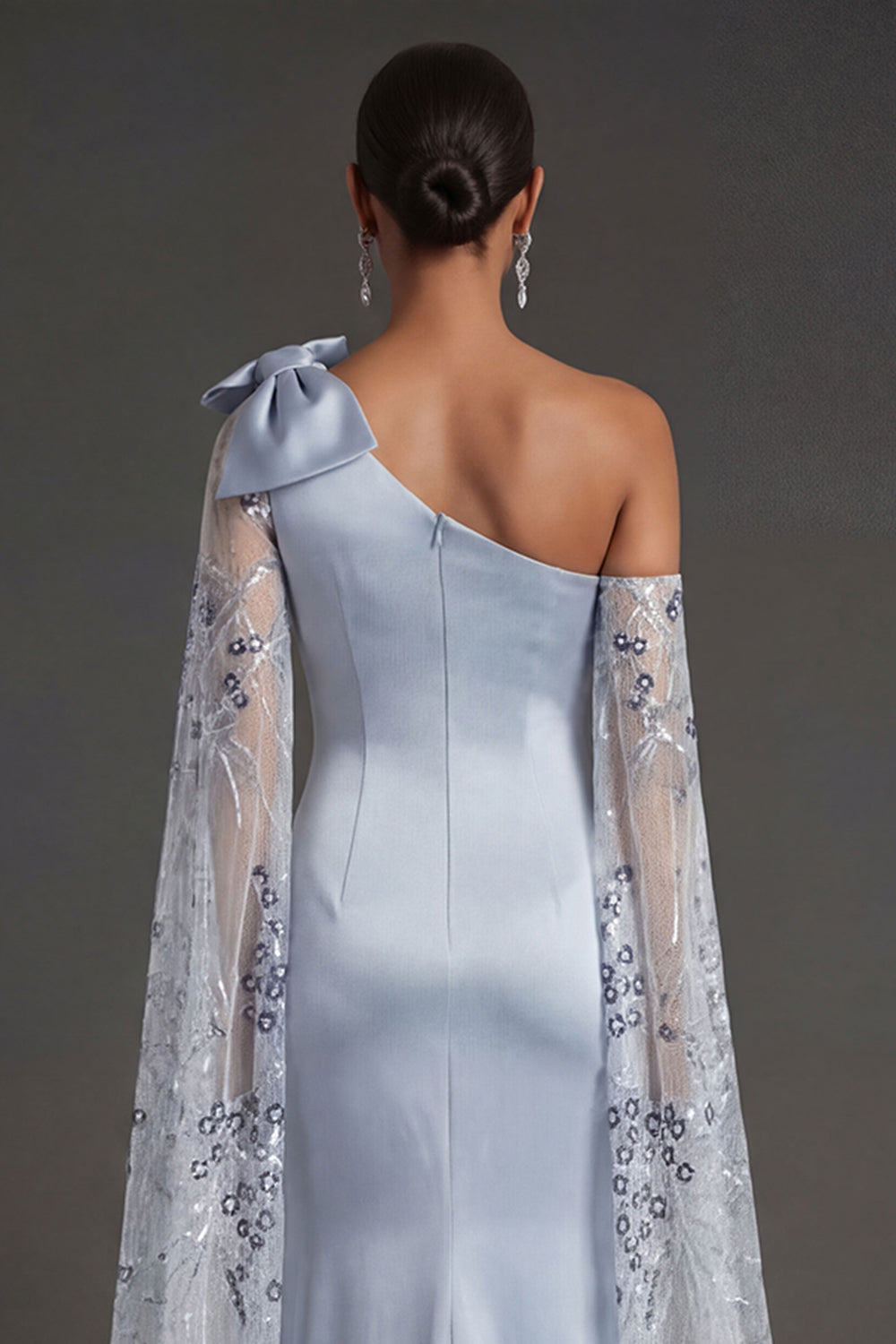 Satin Mermaid One Shoulder Backless Long Sky Blue Formal Dress with Bow