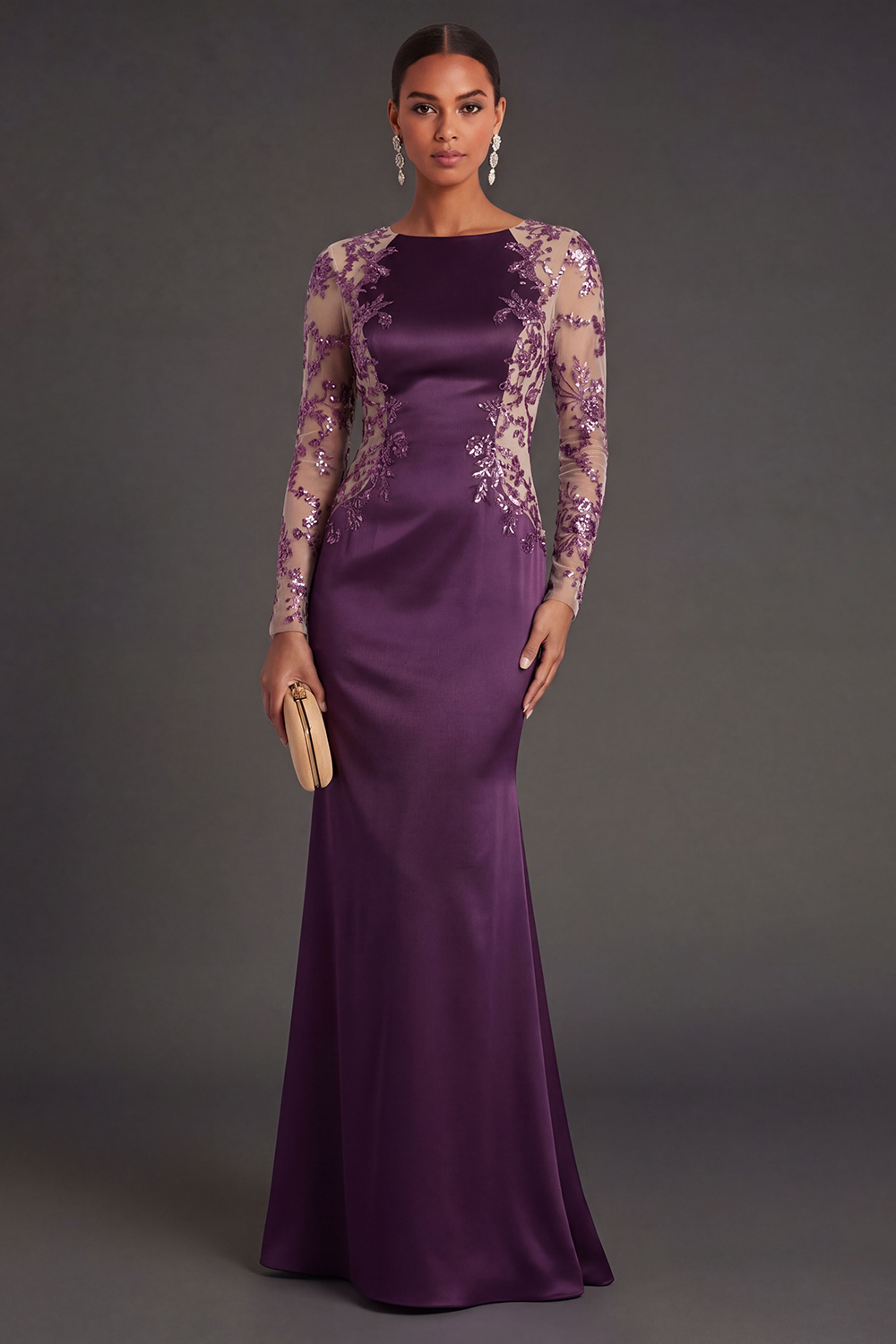 Leely Women Floral Dark Purple Mermaid Satin Long Formal Dress Long Sleeves Appliqued Evening Dress
