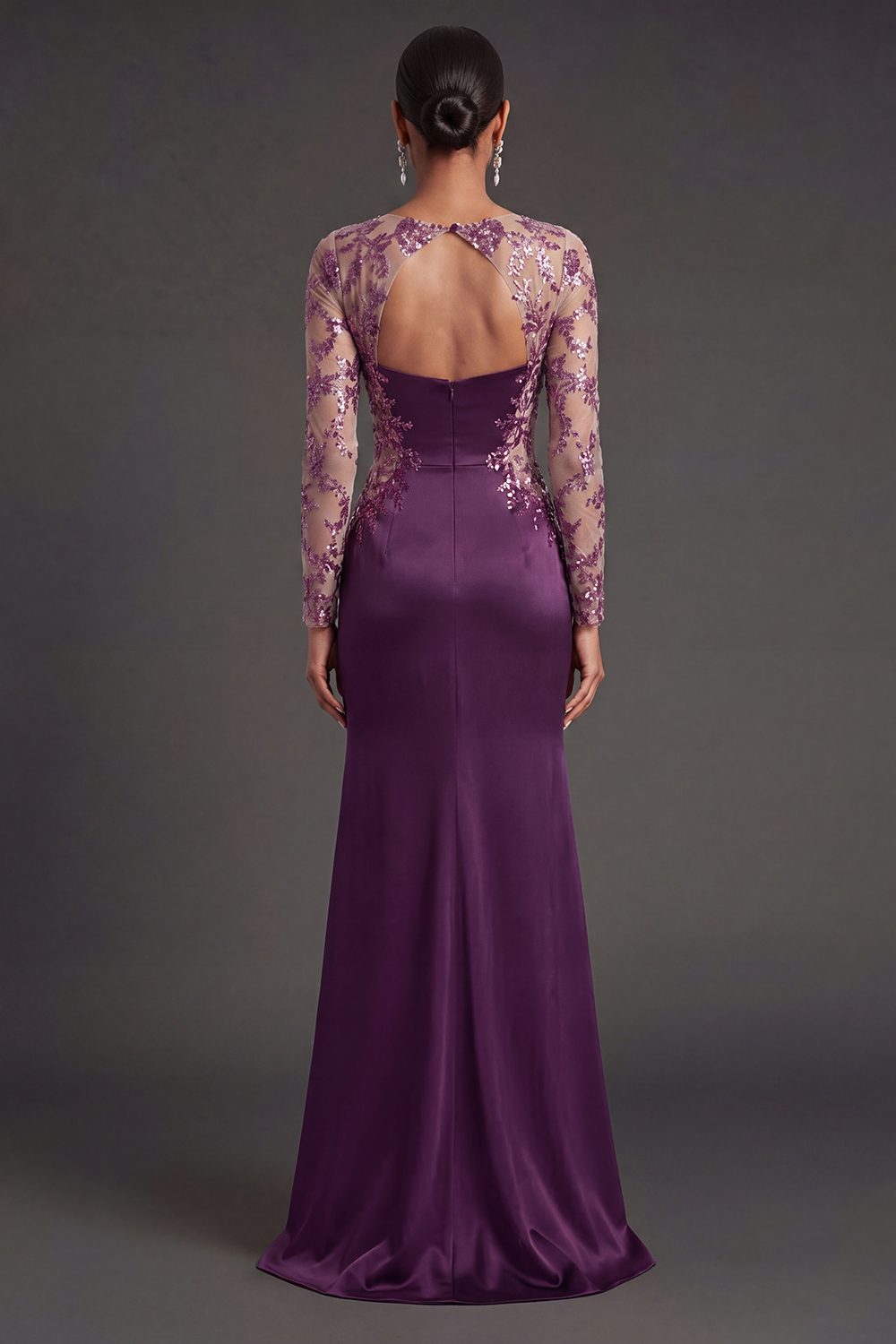 Long Sleeves Floral Appliqued Dark Purple Mermaid Satin Long Formal Dress