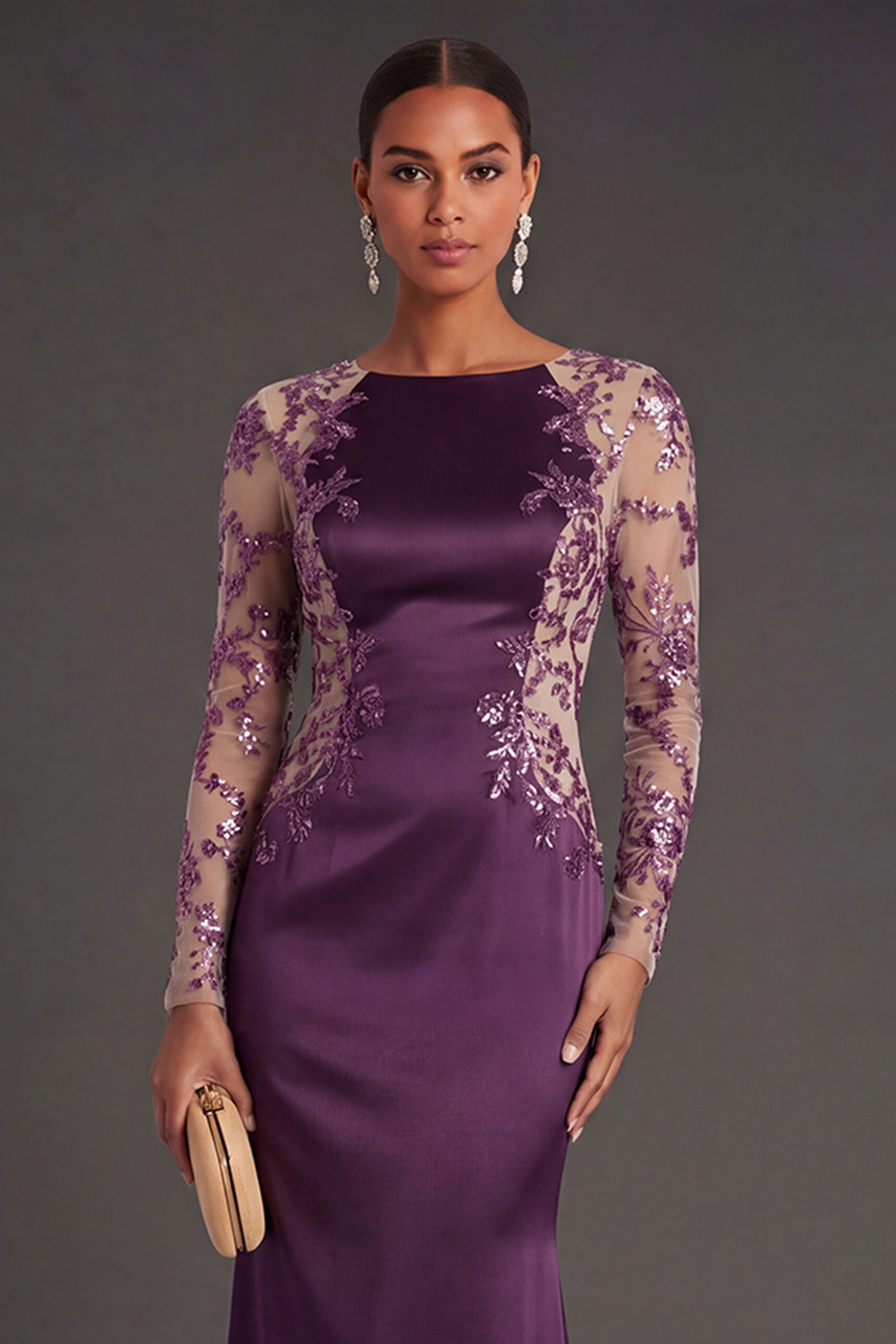 Long Sleeves Floral Appliqued Dark Purple Mermaid Satin Long Formal Dress