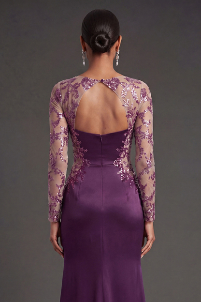 Long Sleeves Floral Appliqued Dark Purple Mermaid Satin Long Formal Dress