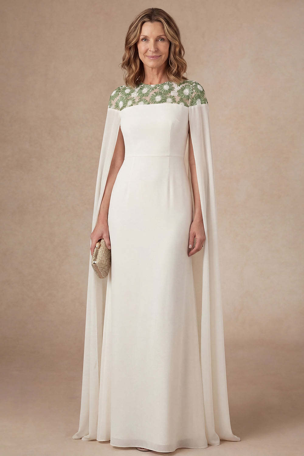 Leely Women Ivory Sheath Long Mother of the Bride Dress with Cape Round Neck Sleeveless Wedding Guest Dress