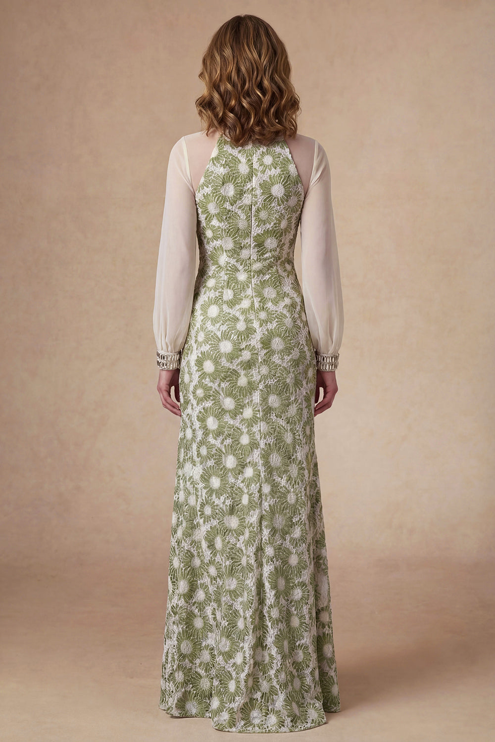 Sheath Green Floral High Neck Long Mother of the Bride Dress with Slit