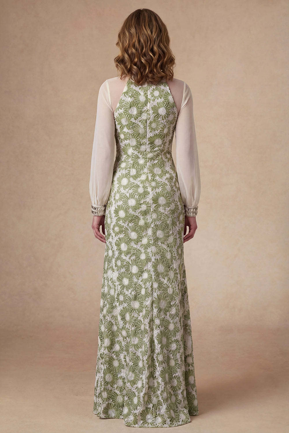 Sheath Green Floral High Neck Long Mother of the Bride Dress with Slit