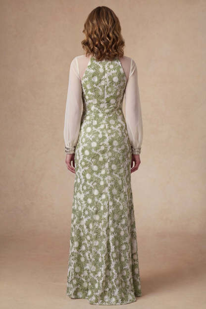 Sheath Green Floral High Neck Long Mother of the Bride Dress with Slit