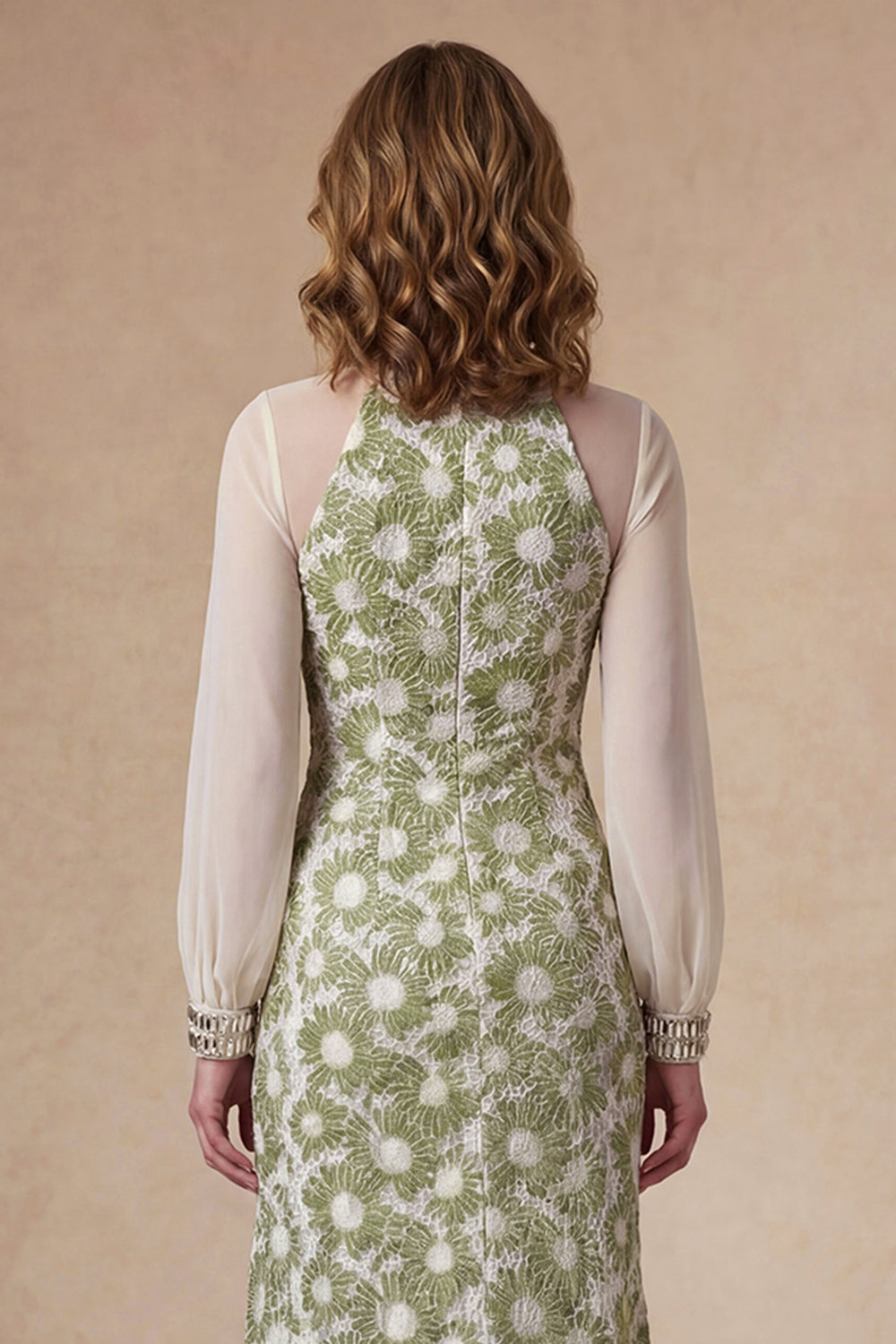 Sheath Green Floral High Neck Long Mother of the Bride Dress with Slit