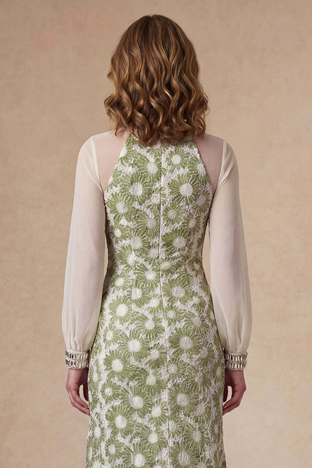 Sheath Green Floral High Neck Long Mother of the Bride Dress with Slit