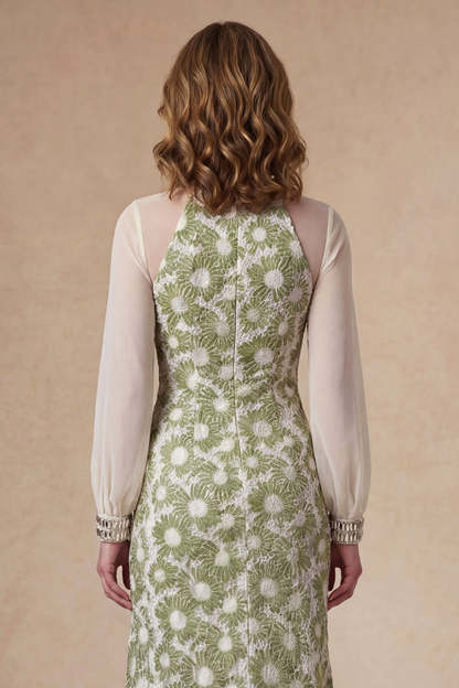 Sheath Green Floral High Neck Long Mother of the Bride Dress with Slit