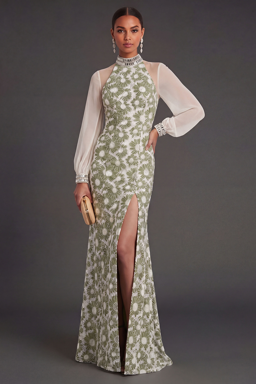 Sheath Green Floral High Neck Long Wedding Guest Dress with Slit