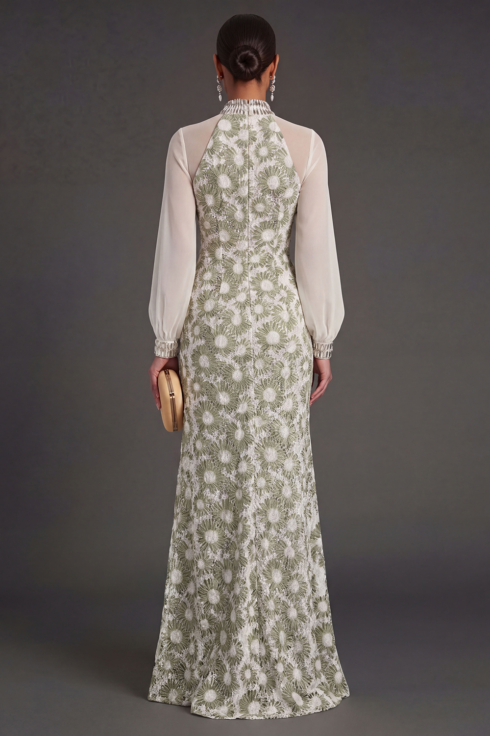 Sheath Green Floral High Neck Long Wedding Guest Dress with Slit