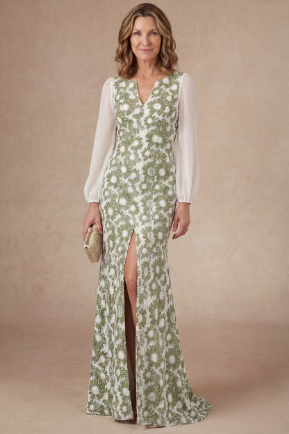 Leely Women Mermaid Green Floral Long Mother of the Bride Dress with Slit V Neck Long Sleeves Evening Dress