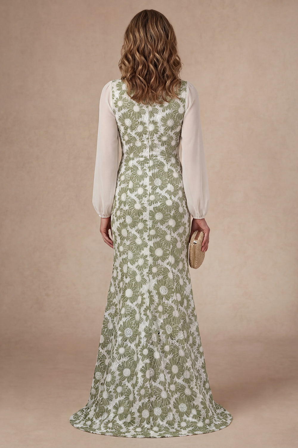 V Neck Mermaid Green Floral Long Mother of the Bride Dress with Slit