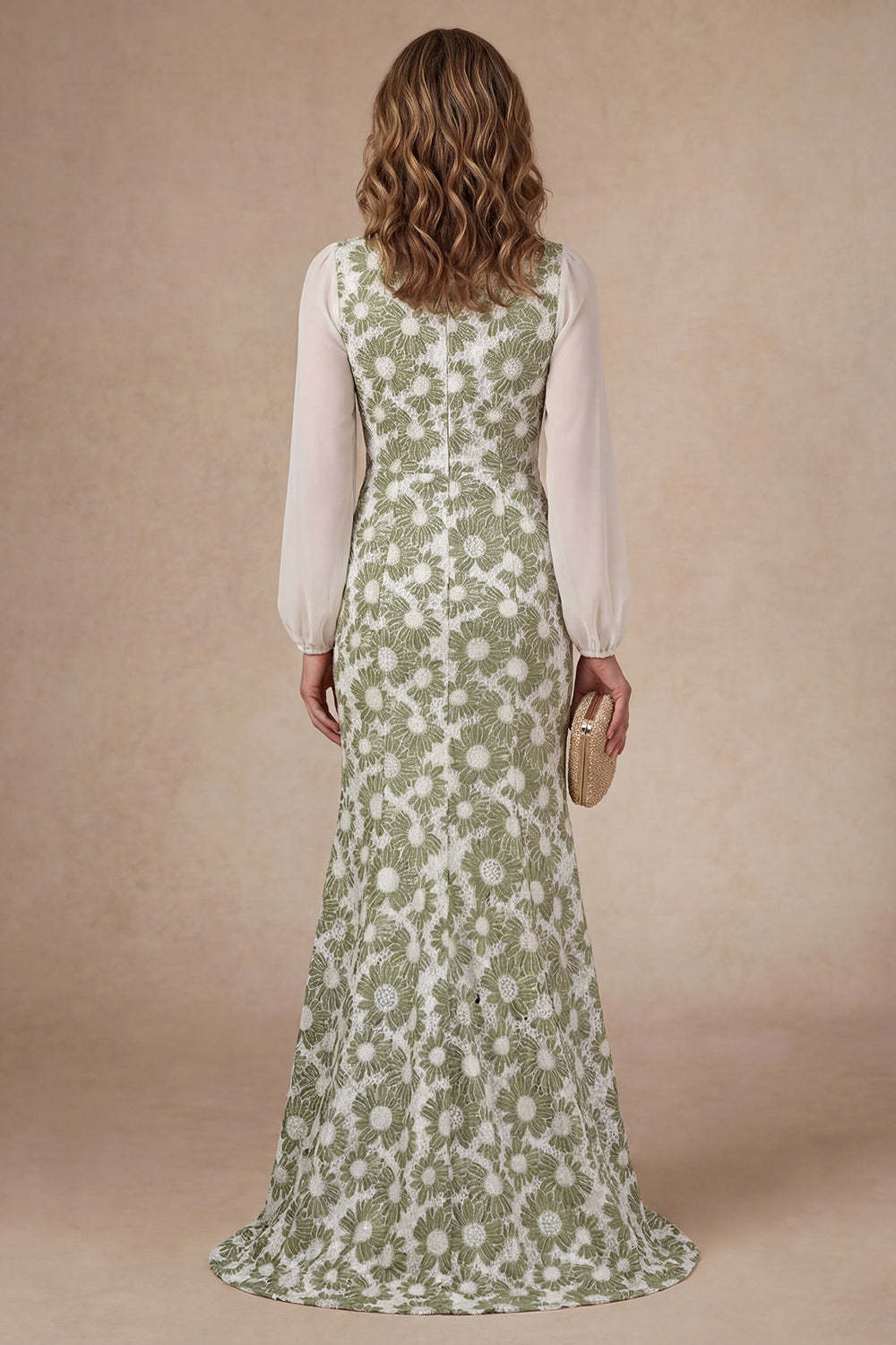 V Neck Mermaid Green Floral Long Mother of the Bride Dress with Slit