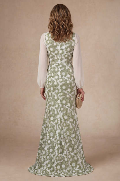 V Neck Mermaid Green Floral Long Mother of the Bride Dress with Slit