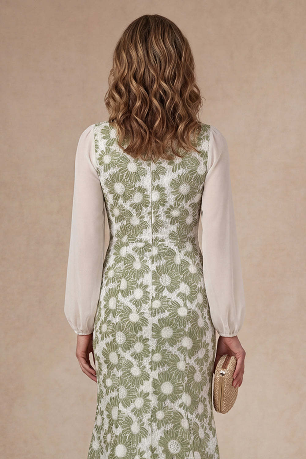 V Neck Mermaid Green Floral Long Mother of the Bride Dress with Slit