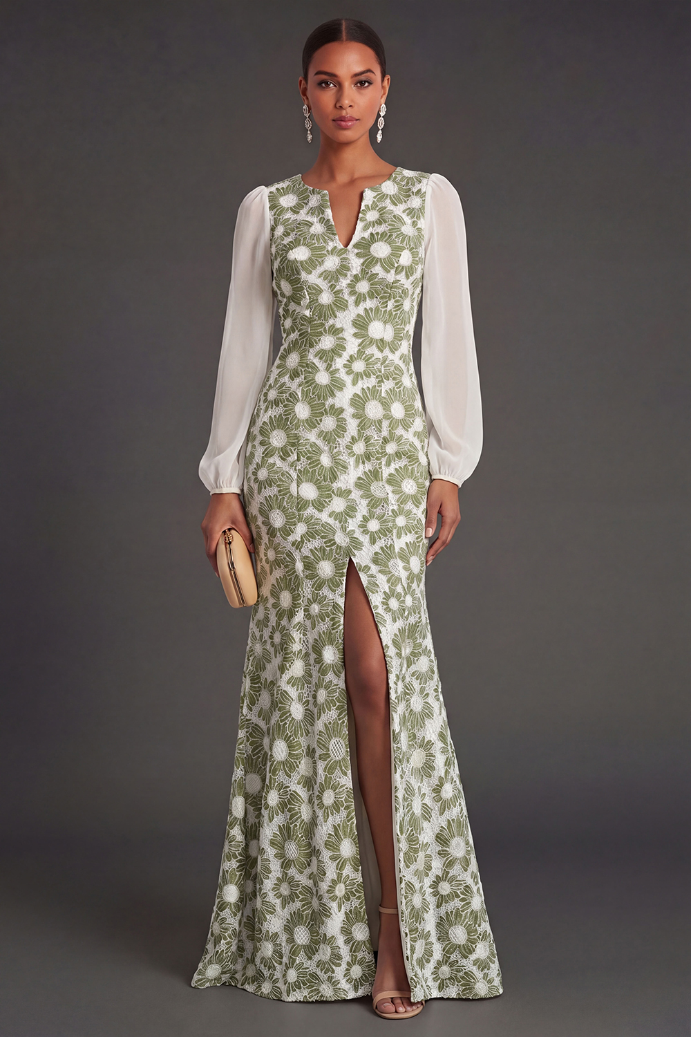V Neck Mermaid Green Floral Long Wedding Guest Dress with Slit